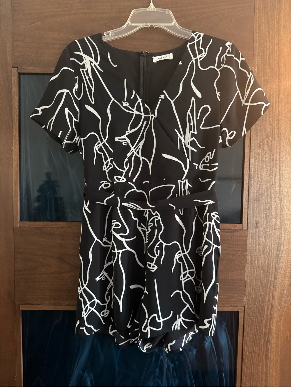 Mod Ref Black Romper with White Abstract Line Print and Waist Tie